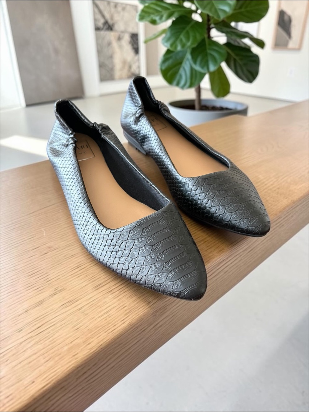 Kaari Blue Black Snake-Embossed Pointed Ballet Flats